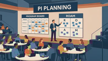 A vivid scene of a large PI Planning event in a modern auditorium multiple agile teams at tables with laptops program board showing features and dependencies a facilitator